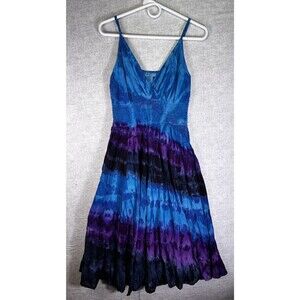 J Glee Boho Strappy Tie-Dye Purple Blue Sun Dress Smocked Cottage Size Medium